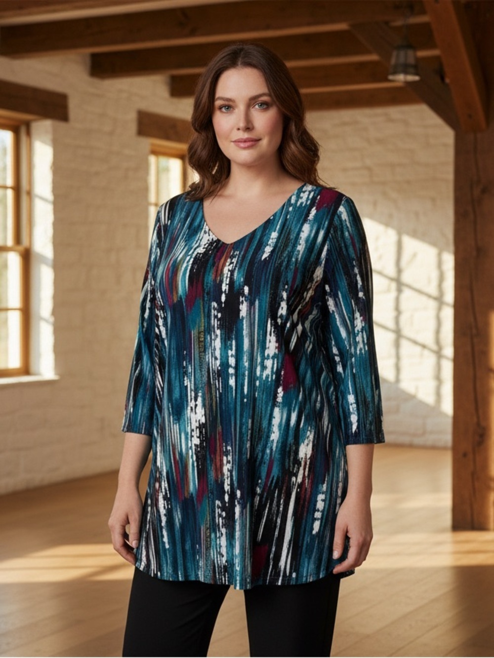 Elegant V-Neck Tunic Top in Teal and Burgundy Print